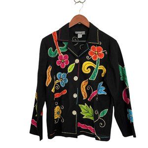 Indigo Moon Vintage Embroidered Button Up Floral Whimsical Jacket Sz Small